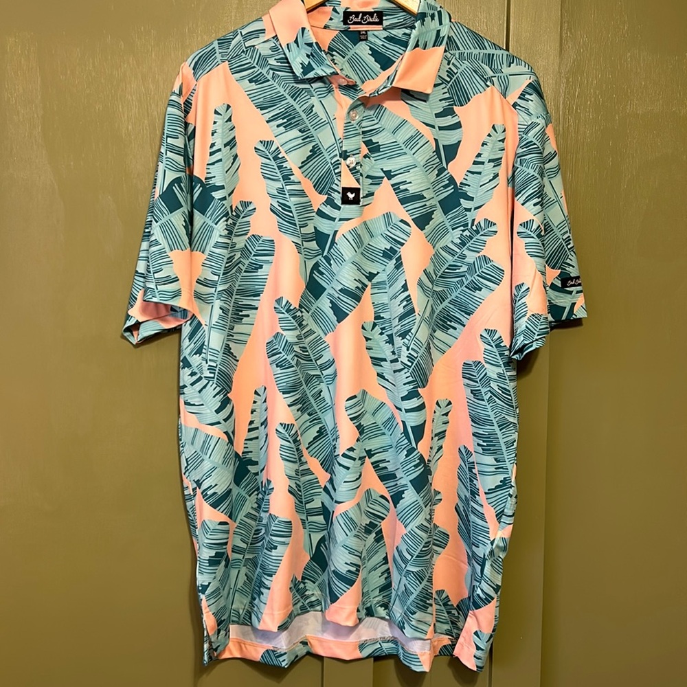Bad Birdie Green and Orange Polo Shirt Vibrant Tropical Design